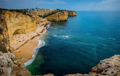 Carvoeiro, Portugal, September 2022: High angle view on Praia do Vale de Centeanes on the coast of