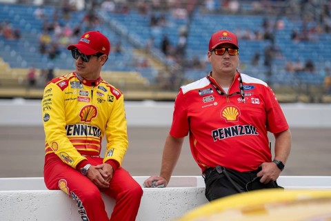 Joey Logano waits for qualifying to begin for the Iowa Corn 350 Powered by Ethanol in Newton, IA,