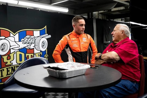 BENJAMIN PEDERSEN (R) (55) of Copenhagen, Denmark talks with A.J. Foyt prior to the Sunday morning