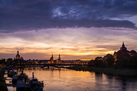 The historic old town of Dresden on the Elbe seen from the Albert Bridge, Dresden silhouette in the