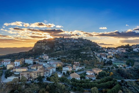 Santa Severina, Italy, 6 December, 2023: drone view of the hilltop village of Santa Severina in