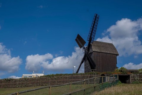 Germany, Berlin, 19.09.2023, Marzahner Bockwindmühle, a trestle windmill in Berlin-Marzahn, the