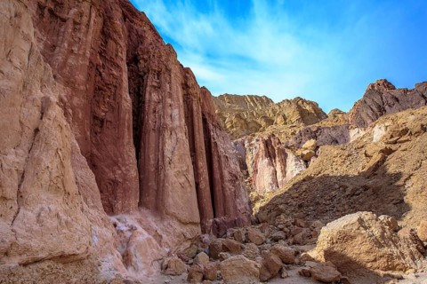 The majestic natural Amram pillars of pink sandstone. Warm January day in Eilat, Israel, Asia
