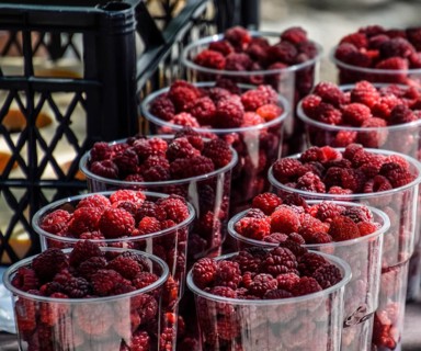 Glasses with raspberries on the counter. Gorny settlement, Krasnodar region, Russia, Europe