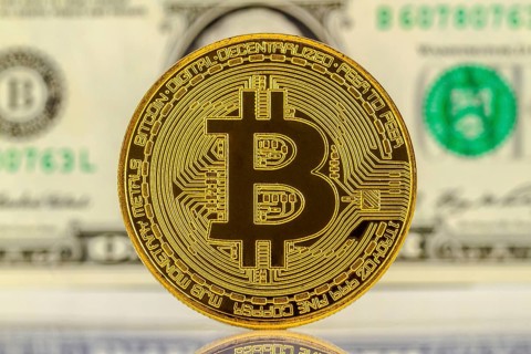 Bitcoin with dollar bill in the background