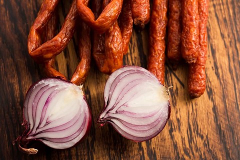 Snack stick sausage with onion