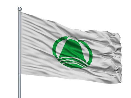 Fuji City Flag On Flagpole, Country Japan, Shizuoka Prefecture, Isolated On White Background