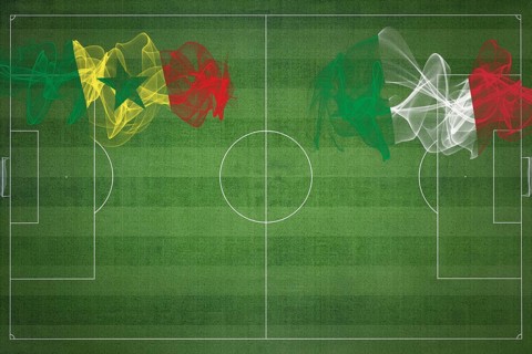 Senegal vs Italy Soccer Match, national colors, national flags, soccer field, football game,