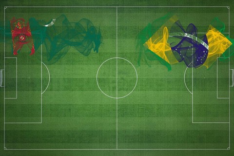 Turkmenistan vs Brazil Soccer Match, national colors, national flags, soccer field, football game,
