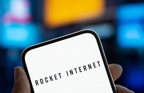Rocker internet logo is displayed on smartphone. Rocket Internet SE is a German Internet company