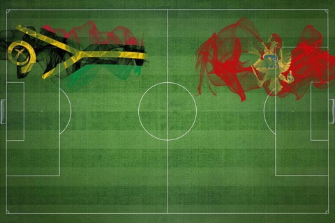 Vanuatu vs Montenegro Soccer Match, national colors, national flags, soccer field, football game,