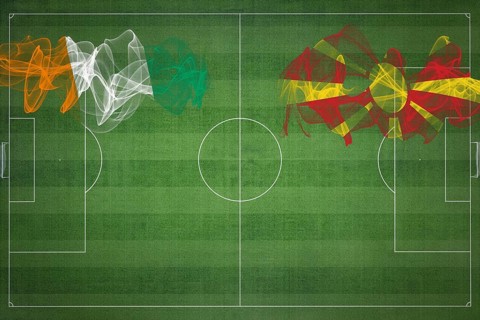 Ivory Coast vs North Macedonia Soccer Match, national colors, national flags, soccer field,