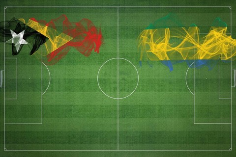 East Timor vs Gabon Soccer Match, national colors, national flags, soccer field, football game,