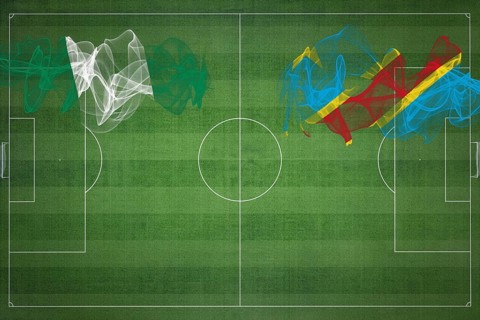 Nigeria vs DR Congo Soccer Match, national colors, national flags, soccer field, football game,
