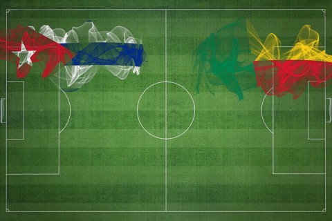 Cuba vs Benin Soccer Match, national colors, national flags, soccer field, football game,