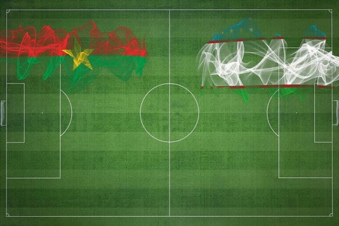 Burkina Faso vs Uzbekistan Soccer Match, national colors, national flags, soccer field, football