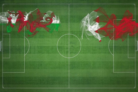 Wales vs Bahrain Soccer Match, national colors, national flags, soccer field, football game,