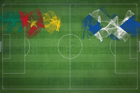 Cameroon vs Scotland Soccer Match, national colors, national flags, soccer field, football game,