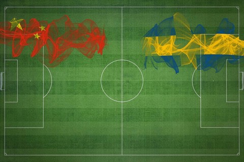China vs Sweden Soccer Match, national colors, national flags, soccer field, football game,