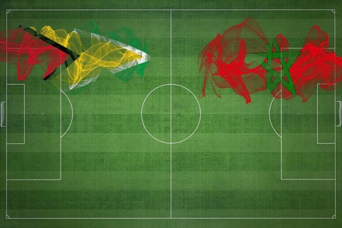 Guyana vs Morocco Soccer Match, national colors, national flags, soccer field, football game,