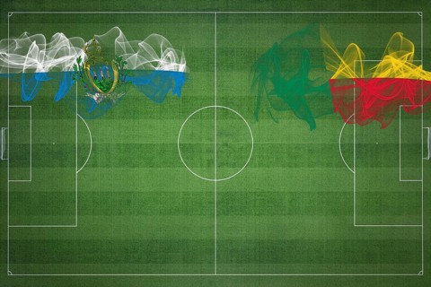 San Marino vs Benin Soccer Match, national colors, national flags, soccer field, football game,