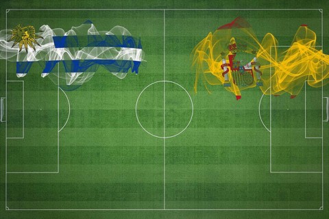 Uruguay vs Spain Soccer Match, national colors, national flags, soccer field, football game,
