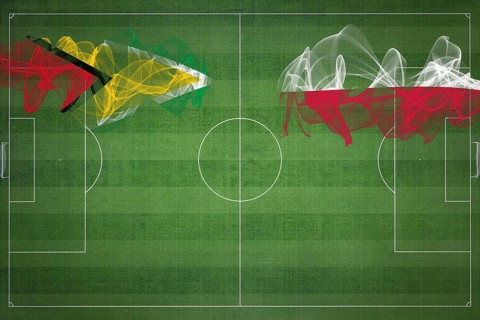 Guyana vs Poland Soccer Match, national colors, national flags, soccer field, football game,