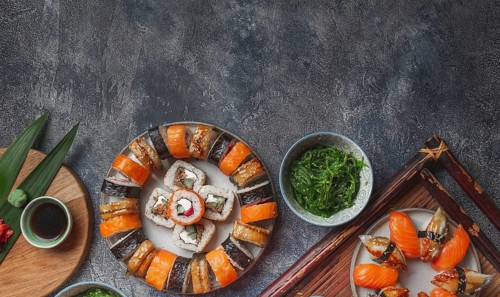 Food, Food, Sushi and rolls sets. Japonese food. top view
