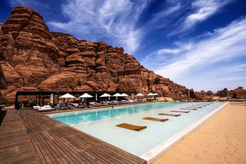 Pool and restaurant, Eco Luxury Hotel Our Habitas, Al Ula, Saudi Arabia, Asia