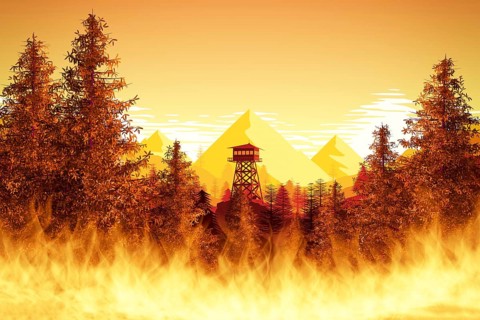 An illustration of forest fires with watchtower