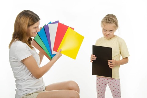 Girl shows girl pictures with flowers, and the girl said what color the pictures