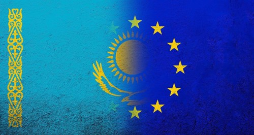 Flag of the European Union with Kazakhstan National flag. Grunge background