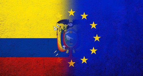 Flag of the European Union with Ecuador National flag. Grunge background