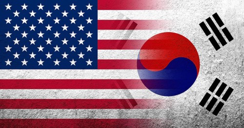 United States of America (USA) national flag with National flag of South Korea. Grunge background
