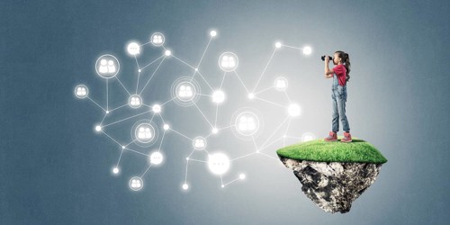 Cute smiling girl on floating island presenting social connection concept