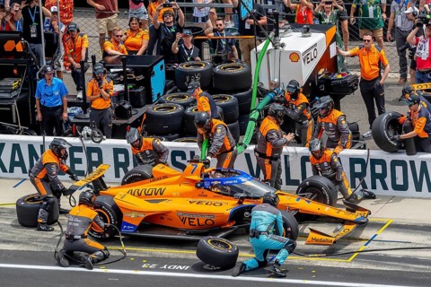 INDYCAR driver, ALEXANDER ROSSI (7) of Nevada City, California, brings his Arrow McLaren Chevrolet