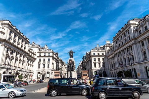 London, UK, May 14, 2019: View of Guards Crimean War Memorial in Waterloo Pl a sunny day