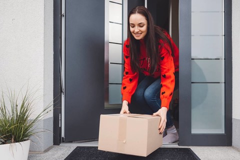 Cheerful young woman excited over a package she just received. Woman getting her christmas gift in