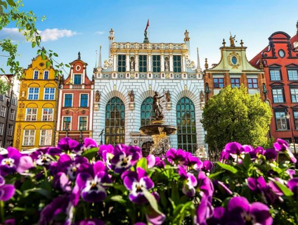 Fountain of Neptune and flowers in Gdansk, Poland, Europe