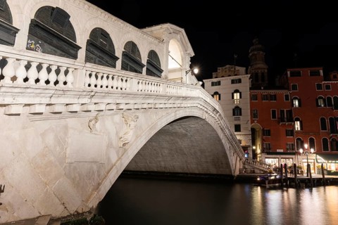 Rialto Bridge over Grand Canal, night shot, long exposure, Venice, Italy, Europe