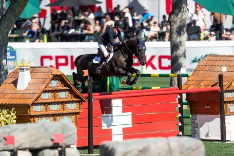 Ben Maher of Great Britain, riding Exit Remo competes in the BMO Nations Cup during the CSIO Spruce