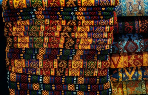 Traditional Turkish rug textile with patterns in bazaar