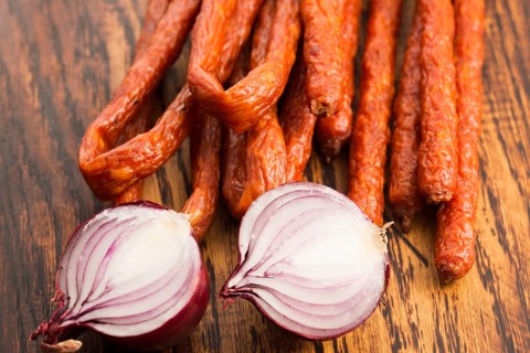 Snack stick sausage with onion