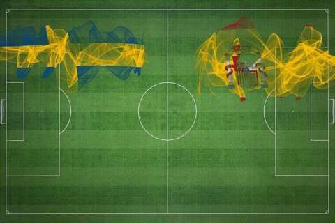 Sweden vs Spain Soccer Match, national colors, national flags, soccer field, football game,