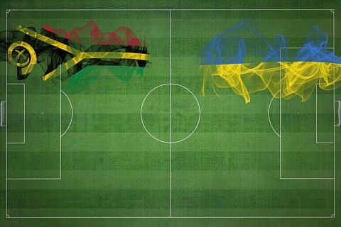 Vanuatu vs Ukraine Soccer Match, national colors, national flags, soccer field, football game,