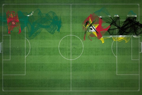 Turkmenistan vs Mozambique Soccer Match, national colors, national flags, soccer field, football