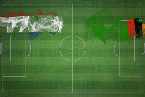 Netherlands vs Zambia Soccer Match, national colors, national flags, soccer field, football game,