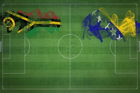 Vanuatu vs Bosnia and Herzegovina Soccer Match, national colors, national flags, soccer field,