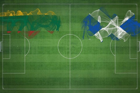 Lithuania vs Scotland Soccer Match, national colors, national flags, soccer field, football game,