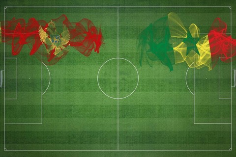 Montenegro vs Senegal Soccer Match, national colors, national flags, soccer field, football game,